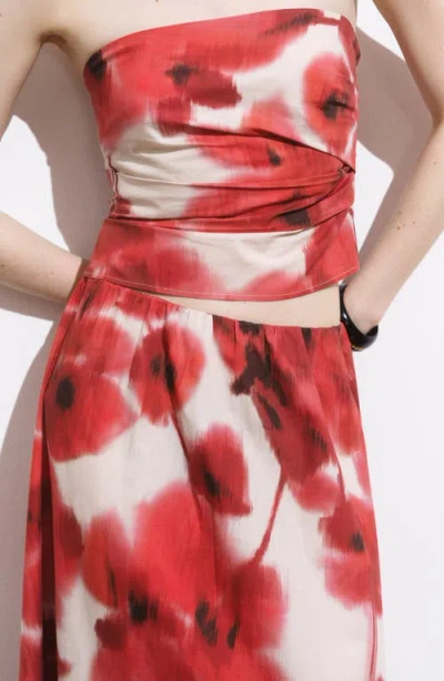 Mango Floral Strapless Cotton Top In Red