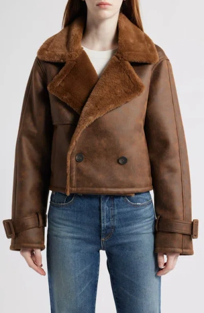 Bernardo Distressed Faux Shearling Moto Jacket In Brown