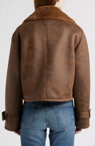 Bernardo Distressed Faux Shearling Moto Jacket In Brown