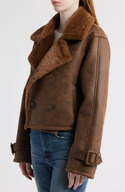 Bernardo Distressed Faux Shearling Moto Jacket In Brown