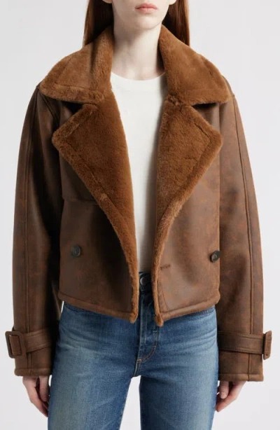 Bernardo Distressed Faux Shearling Moto Jacket In Brown