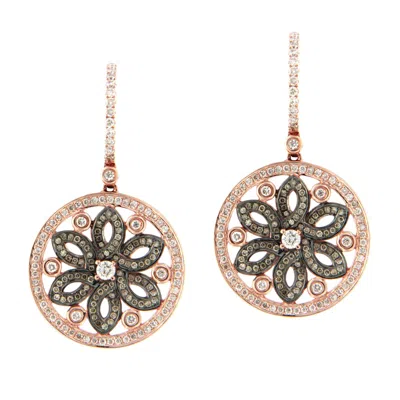 Artisan Women's Rose Gold / White / Brown Rose Gold Floral Medallion Drop Earrings With Brown & White Diamon