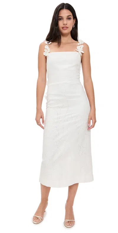 Andres Otalora Petalos Embroidered Linen Midi Dress In White
