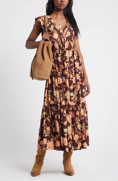 Treasure & Bond Crinkle Finish Flutter Sleeve Maxi Dress In Brown