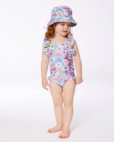 Deux Par Deux Little Girl's Printed One-piece Swimsuit With Frills White, Pink, And Green Flowers In Gray