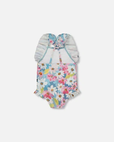 Deux Par Deux Little Girl's Printed One-piece Swimsuit With Frills White, Pink, And Green Flowers In Gray