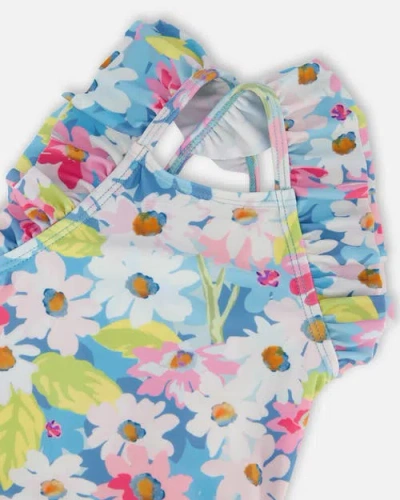 Deux Par Deux Little Girl's Printed One-piece Swimsuit With Frills White, Pink, And Green Flowers In Gray