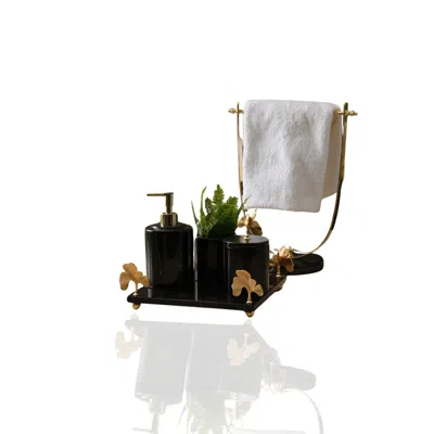 Marleth Black Gynco Marble Bathroom Set With Towel Holder & Five-pieces Set & Gold Leaf Accent