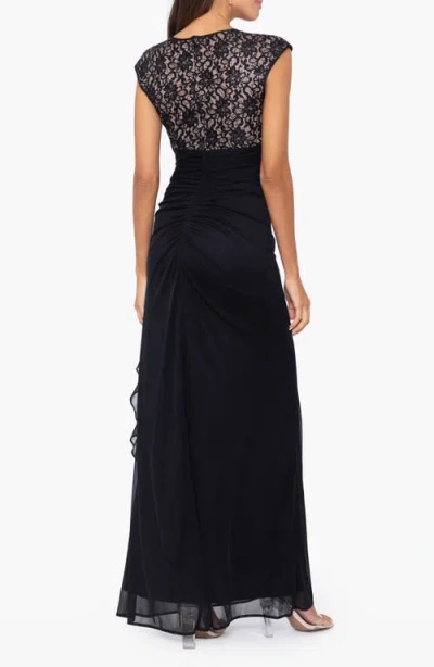 Betsy & Adam Lace Bodice Side Ruffle Gown