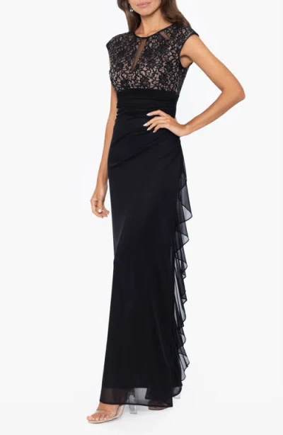 Betsy & Adam Lace Bodice Side Ruffle Gown