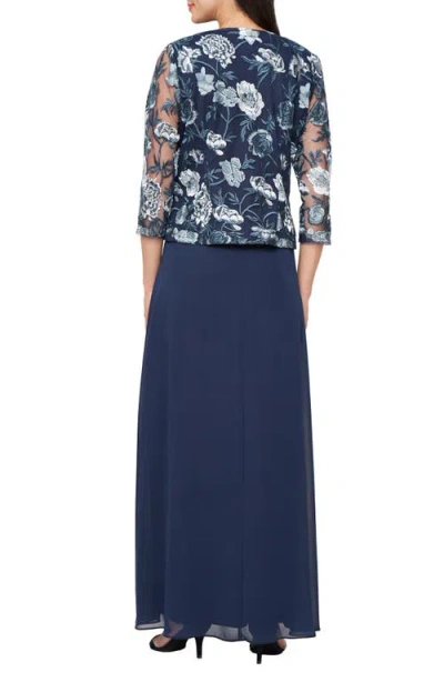 Alex Evenings Floral Embroidered Mock Two-piece Gown With Jacket In Blue