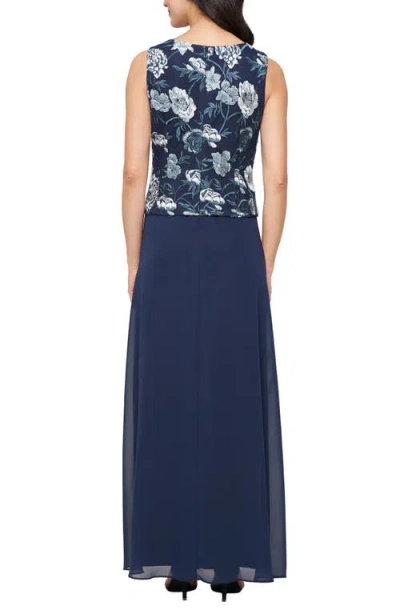 Alex Evenings Floral Embroidered Mock Two-piece Gown With Jacket In Blue