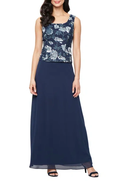 Alex Evenings Floral Embroidered Mock Two-piece Gown With Jacket In Blue