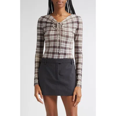 Acne Studios Ebrooke Faded Check Ruched V-neck Mesh Top In Multi