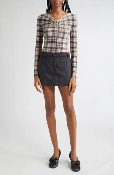 Acne Studios Ebrooke Faded Check Ruched V-neck Mesh Top In Multi