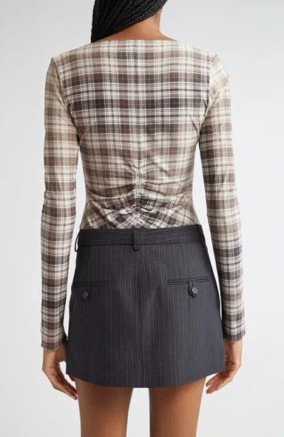 Acne Studios Ebrooke Faded Check Ruched V-neck Mesh Top In Multi