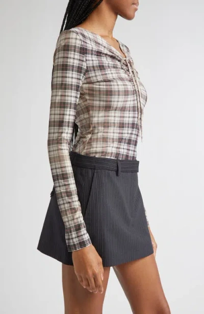 Acne Studios Ebrooke Faded Check Ruched V-neck Mesh Top In Multi