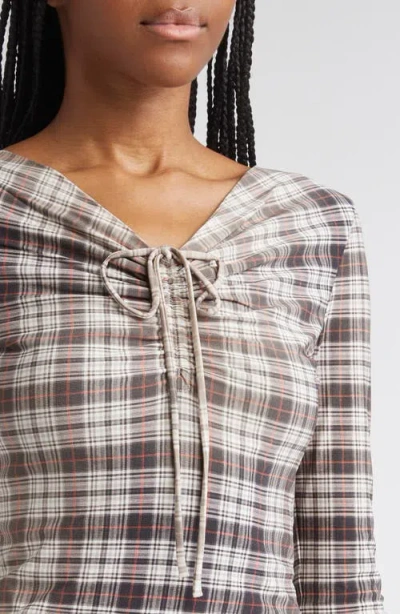 Acne Studios Ebrooke Faded Check Ruched V-neck Mesh Top In Multi