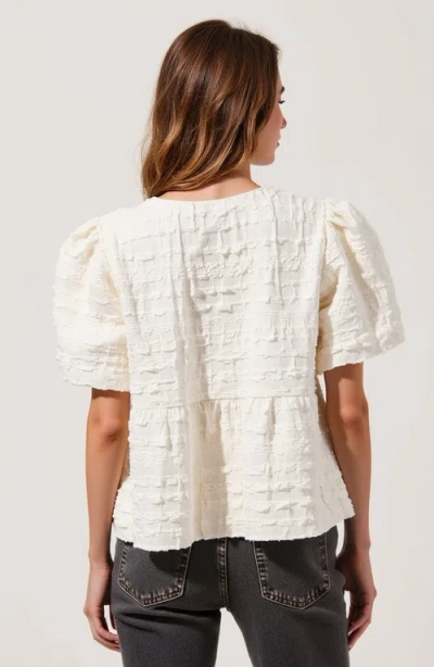 Modenaire Textured Puff-sleeve Peplum Blouse With Bow-tie Front