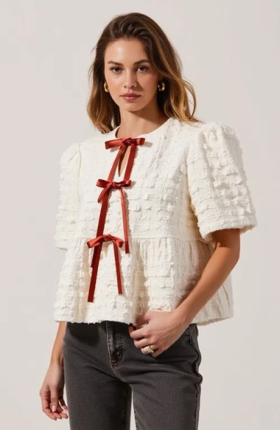 Modenaire Textured Puff-sleeve Peplum Blouse With Bow-tie Front