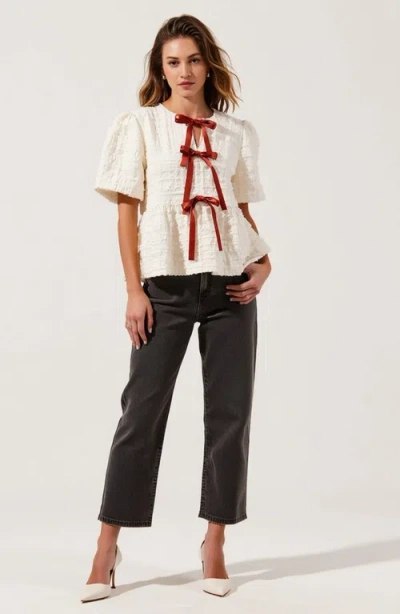 Modenaire Textured Puff-sleeve Peplum Blouse With Bow-tie Front