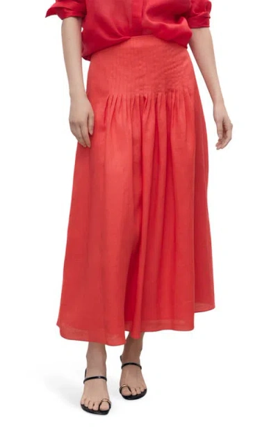 Mango Pleated Ramie Midi Skirt In Red