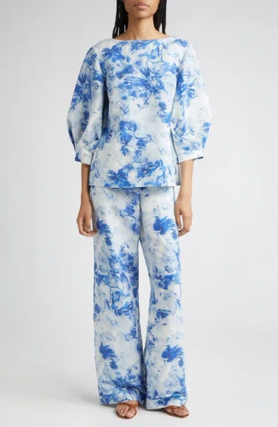 Lafayette 148 New York Floral Balloon Sleeve Silk & Linen Blouse