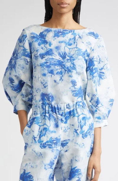 Lafayette 148 New York Floral Balloon Sleeve Silk & Linen Blouse