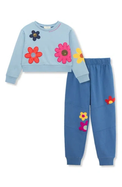 Peek Aren't You Curious Kids' Daisy Appliqué Sweatshirt & Sweatpants Set In Blue