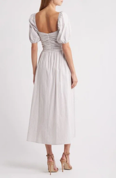 Charles Henry Stripe Ruched Waist Cotton Blend Midi Dress In Neutral