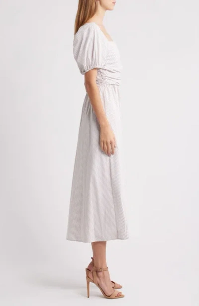 Charles Henry Stripe Ruched Waist Cotton Blend Midi Dress In Neutral