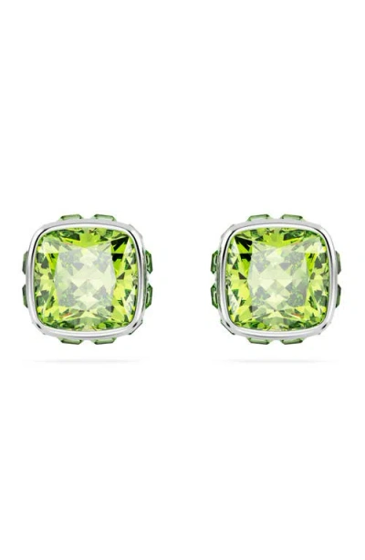 Swarovski Rhodium Plated Square Cut Color Birthstone Stud Earrings In Green
