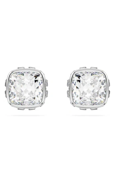 Swarovski Rhodium Plated Square Cut Color Birthstone Stud Earrings In Metallic