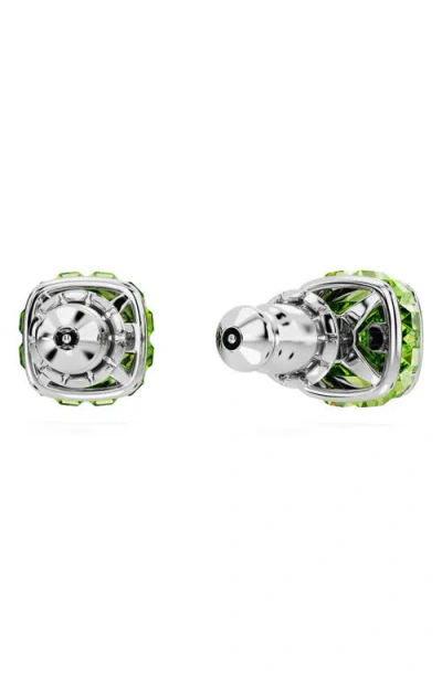 Swarovski Rhodium Plated Square Cut Color Birthstone Stud Earrings In Green