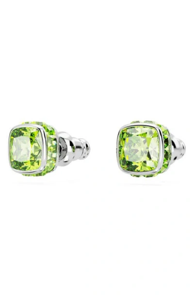 Swarovski Rhodium Plated Square Cut Color Birthstone Stud Earrings In Green