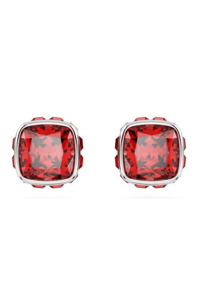 Swarovski Birthstone Pierced Earrings Studs Jul Rhodium Shiny Red In Metallic