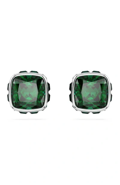 Swarovski Rhodium Plated Square Cut Color Birthstone Stud Earrings In Metallic