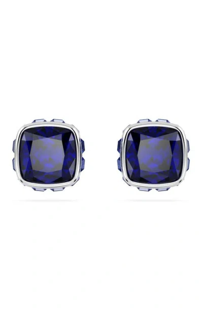 Swarovski Rhodium Plated Square Cut Color Birthstone Stud Earrings