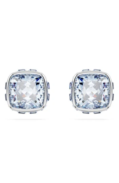Swarovski Rhodium Plated Square Cut Color Birthstone Stud Earrings In Metallic