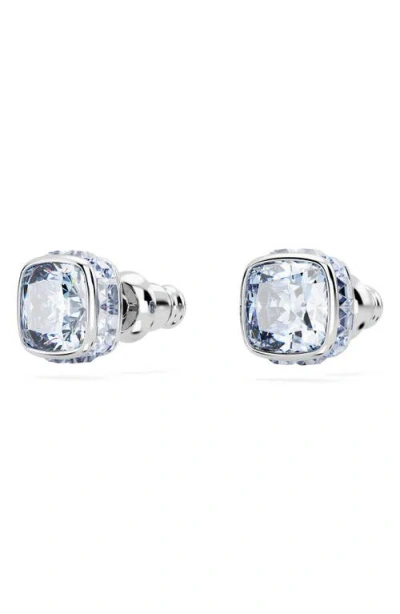 Swarovski Rhodium Plated Square Cut Color Birthstone Stud Earrings In Metallic
