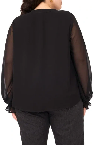 Vince Camuto Split Neck Sheer Long Sleeve Chiffon Top In Black
