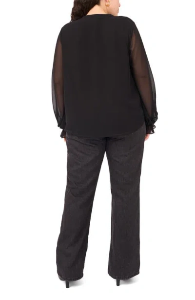 Vince Camuto Split Neck Sheer Long Sleeve Chiffon Top In Black