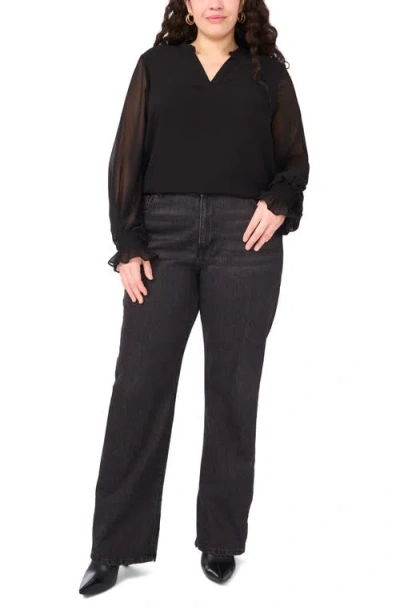 Vince Camuto Split Neck Sheer Long Sleeve Chiffon Top In Black
