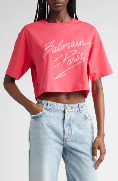 Balmain Baseball Logo Crop Graphic T-shirt
