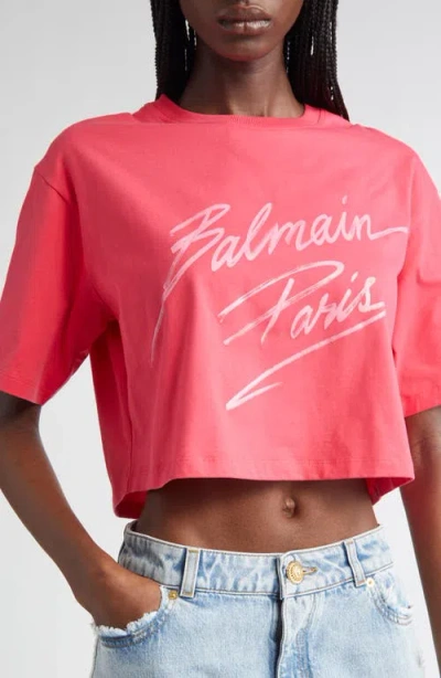 Balmain Baseball Logo Crop Graphic T-shirt