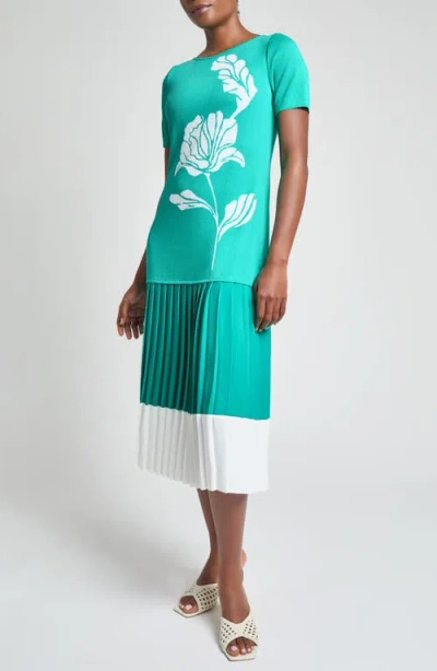 Ming Wang Modern Fit Mixed Media Pleated Midi Dress