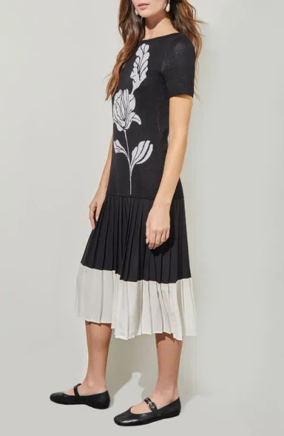 Ming Wang Modern Fit Mixed Media Pleated Midi Dress In Multi