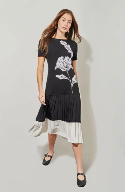 Ming Wang Modern Fit Mixed Media Pleated Midi Dress In Multi