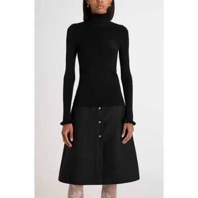 Valentino Garavani Ruffle Trim Rib Virgin Wool Sweater In Black