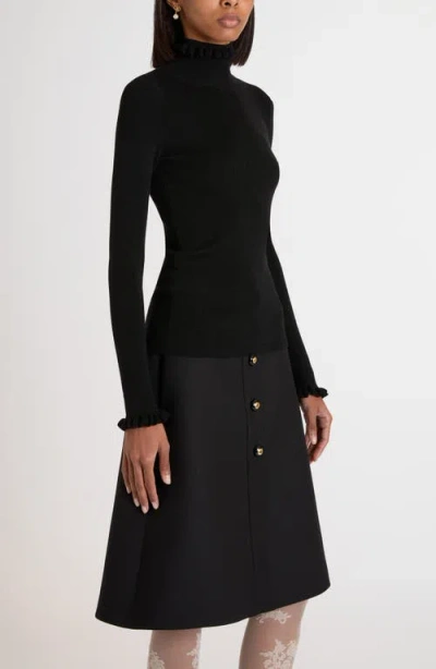 Valentino Garavani Ruffle Trim Rib Virgin Wool Sweater In Black